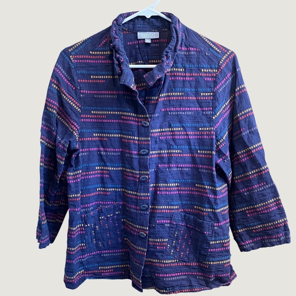 Habitat Jacket Womens Medium Navy Blue Striped Button Up Art to Wear Textured
